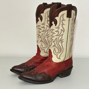 VTG Nocona Mens Boots 10 Red Cream Leather Pointed‎ Toe Cowboy Western Rodeo